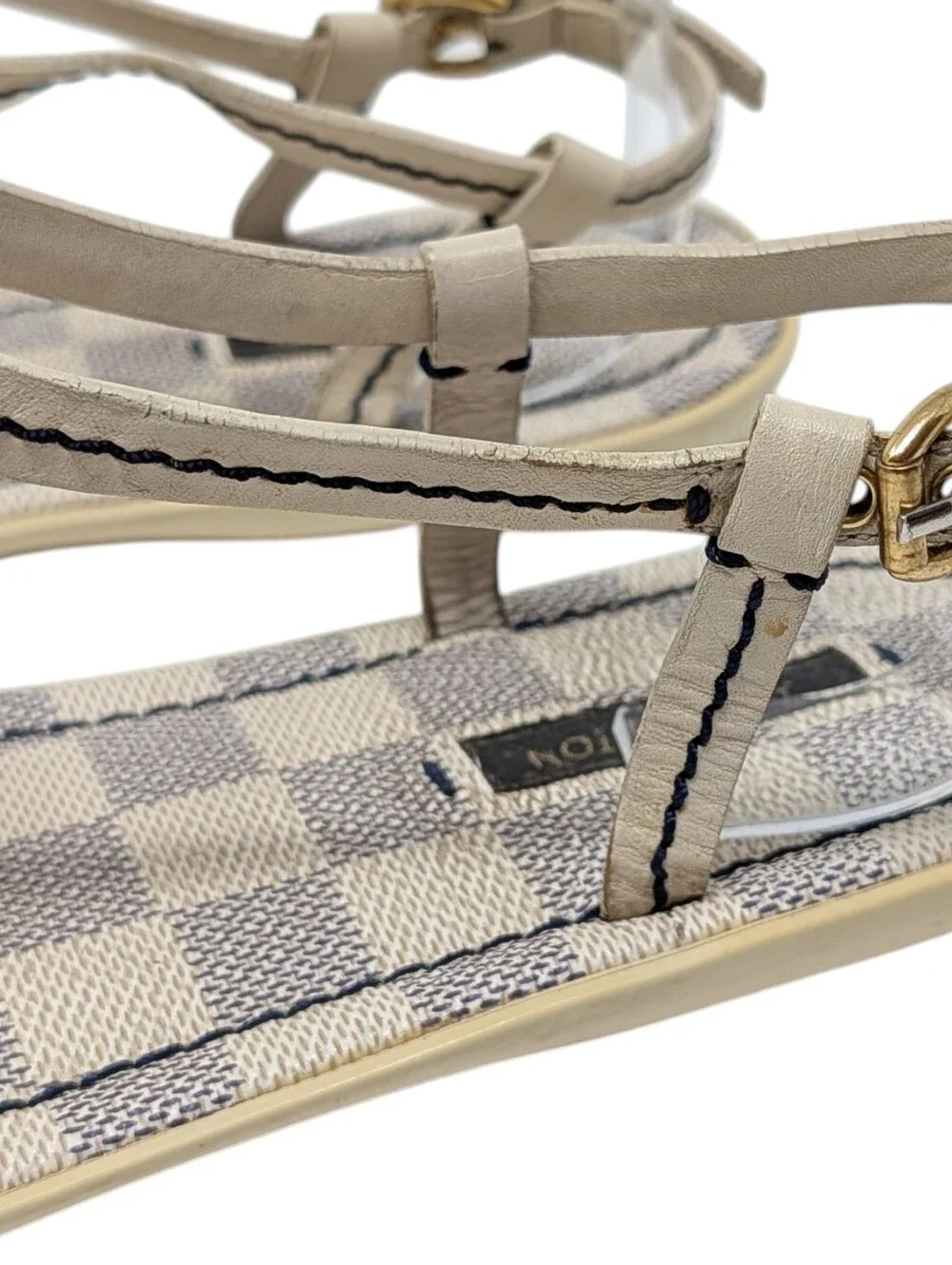 Louis Vuitton Damier Azur White Blue Check T-Strap Thong Sandals Size EU 38.5